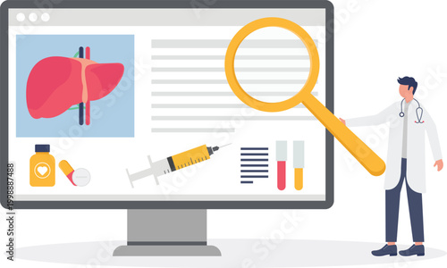 Doctor analyzing human liver data on a digital monitor