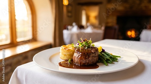 American Fine Dining Dinner Roasted Beef Tenderloin Medallions with Bordelaise Sauce,