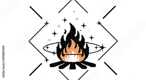 Campfire burns brightly with glowing embers inside a geometric frame design.