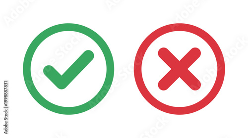 Business verification element set, minimalist flat style, green checkmark, red cross mark, choice, decision, and agreement