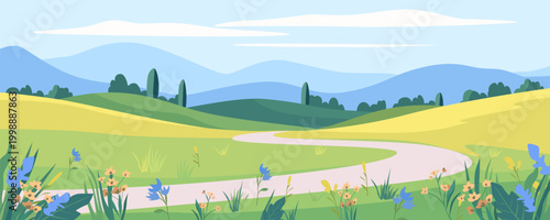Beautiful rural landscape with green meadows and fields. A path along hills and trees, decorated with colorful meadow flowers and grass. Vector illustration of summer grassland.