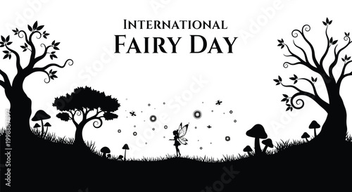 Decorative vector illustration featuring a whimsical fairy silhouette in a magical forest for international fairy day