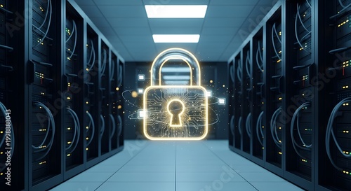 Cybersecurity locked data in server room corridor