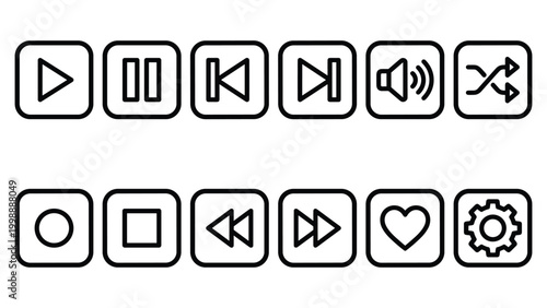 Collection of outline music player control buttons for digital application interface use.