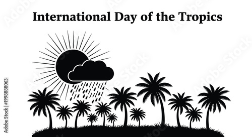 Black and white vector illustration of sun and rain over palm trees for tropical day