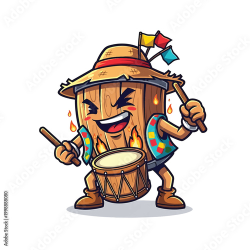 Cartoon Character of a Happy Drummer with Hat and Drumsticks.