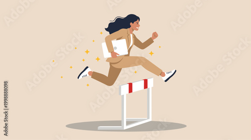 Business professional hurdle jump set, modern flat style, career growth, competitive obstacle, success, and ambition