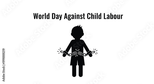 World day against child labor vector graphic illustration showing broken chains around a child silhouette