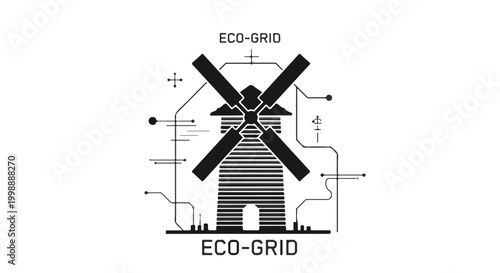 Windmill integrated into an electrical grid diagram represents sustainable energy.