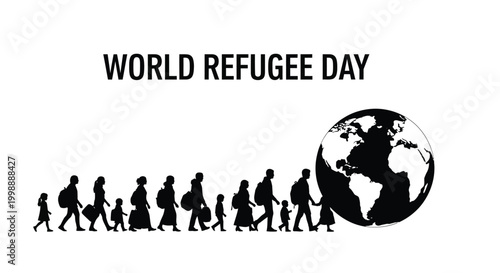 World Refugee Day vector illustration showing people migrating with their belongings towards a global destination.