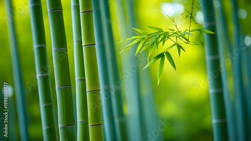 Green bamboo forest with bright sunlight and leaves.