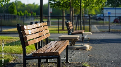 A wooden bench sits in a grassy area, bathed in sunlight.