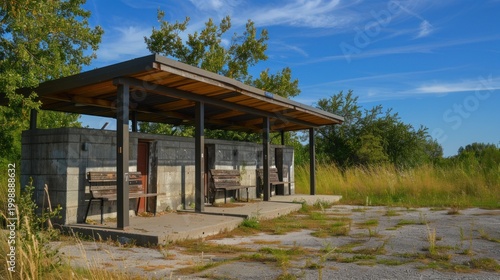 An abandoned wooden structure sits in a desolate field, under a clear blue sky.  
