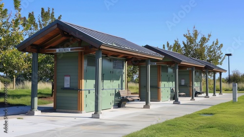 A serene outdoor scene featuring a row of green wooden shelters under a clear blue sky,  