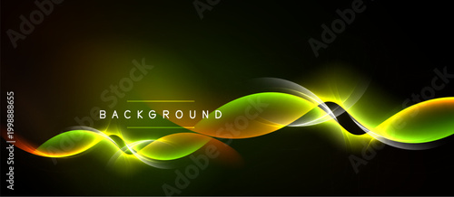 Abstract design features vibrant curves, glowing lines. Dark background emphasizes bright colors, creating dynamic visual effect.