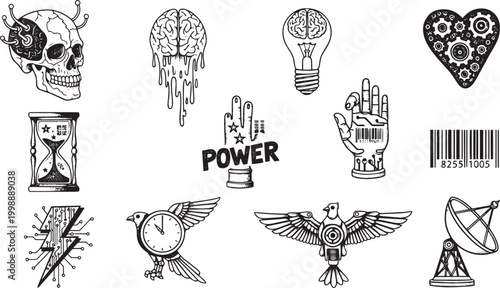 Cyberpunk Aesthetic Hand Drawn Tech Elements Set with Cyborg Skull Brain Lightbulb and Robotic Bird Icons