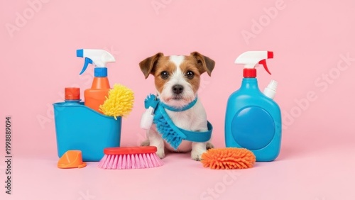 A small dog surrounded by various cleaning supplies on a pink background