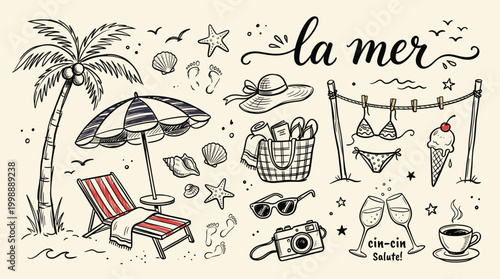 Summer vacation beach themed decorative elements set, hand drawn whimsical sketch, palm trees, sun umbrellas, swimwear, shells, sunglasses, camera, and coffee