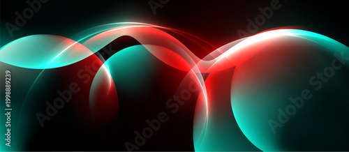 Abstract design features flowing curves, vibrant teal, red glows against dark background. Modern, dynamic composition.