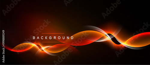 Abstract design features vibrant orange curves against dark background. Text reads BACKGROUND. Dynamic lines create flowing visual effect.