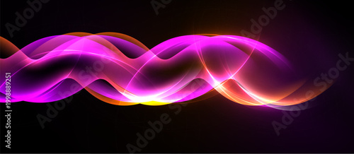 Bright wavy lines, vibrant colors, dynamic flow. Abstract design with glowing effects, dark background creates contrast.