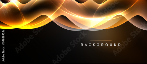 Abstract waves, golden hues, dark background. Dynamic lines create flowing, luminous effect. Minimalist design, modern aesthetic.
