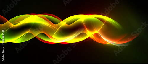 Vibrant waves blend colors. Smooth gradients create dynamic flow, contrasting against dark background. Energetic visual impact.