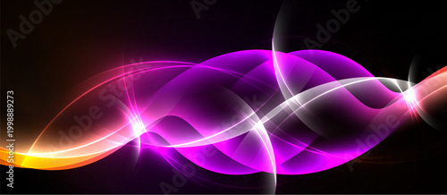 Abstract vibrant lines, curves, glows create dynamic energy. Purple, orange hues dominate dark background. Modern design element.
