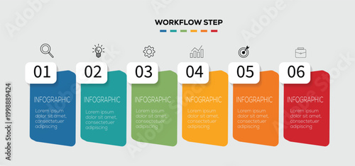 Concept of arrow business model with 6 successive steps. Six colorful graphic elements. Can be used for presentations banner, workflow layout.