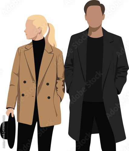 Stylish Fashion Couple Illustration with Elegant Man and Pretty Woman in Fall Winter Outfit Romantic Relationship Concept Vector Design