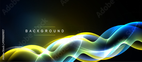 Abstract waves, vibrant colors, dark background. Dynamic flow, smooth curves, modern design. Bright yellow, blue, white gradients present.