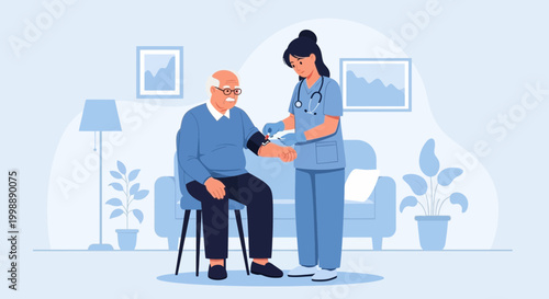 Nurse checks elderly man's blood pressure at home, healthcare concept