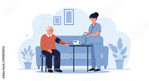 Nurse checks elderly man's blood pressure at home, healthcare concept