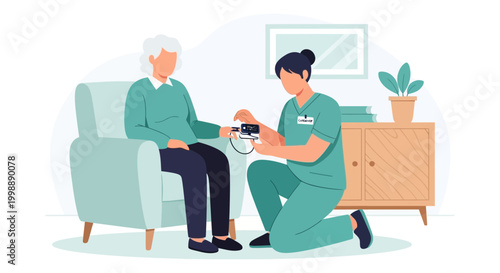 Nurse checks elderly patient's vital signs at home, providing healthcare and support.
