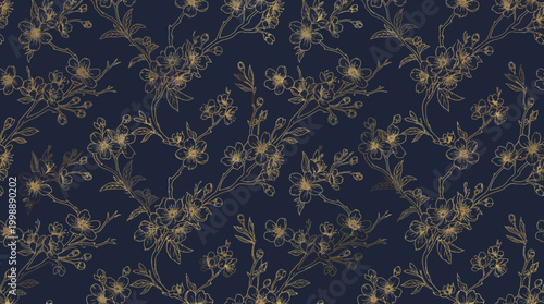 Luxury seamless botanical pattern with golden cherry blossom line art on dark navy background