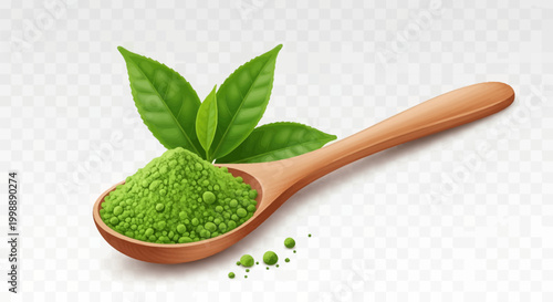 Wooden spoon filled with textured green matcha tea powder and vibrant fresh green tea leaves, isolated on a transparent checkered background, organic superfood ingredient illustration.