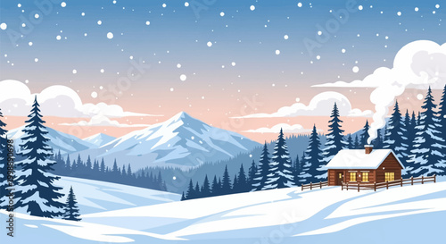Vector illustration of a cozy wooden log cabin with smoking chimney in a snowy mountain landscape at sunset, featuring falling snow, evergreen forests, and a pastel sky backdrop.
