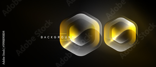 Dark backdrop features glowing golden hexagons. Shapes exhibit metallic sheen, creating futuristic visual effect. Minimalist design, modern aesthetic.