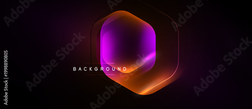 Dark backdrop features vibrant hexagon shape. Gradient colors blend purple, orange, yellow creating modern design. Text reads background.