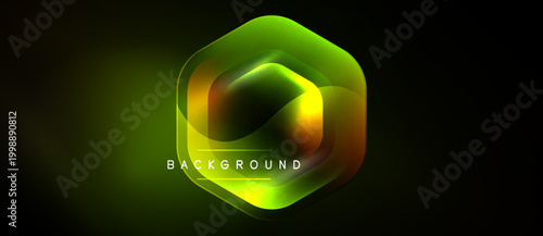 Abstract hexagon glows, vibrant green, yellow hues. Dark background emphasizes luminous shape, text reads background. Modern design element.