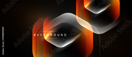Abstract design features glowing orange shapes over dark background. Modern, dynamic composition with text element.