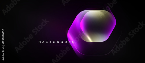 Dark background features glowing hexagon shape. Purple, yellow hues create futuristic effect. Text reads BACKGROUND. Minimalist design.