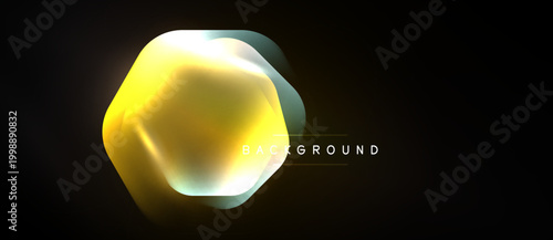 Abstract hexagon shape glows brightly against dark background. Vibrant yellow blends into soft turquoise hues. Modern design element.