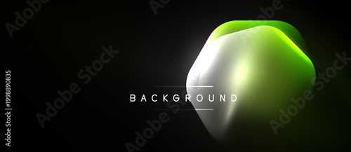 Abstract design features glowing geometric shapes over dark background. Gradient colors create modern visual effect.