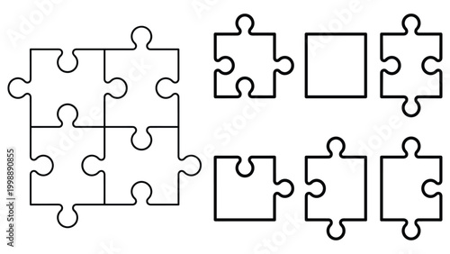 Jigsaw puzzle pieces vector set, simple outline flat style design for game or web.