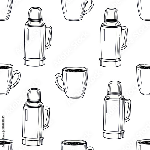 Hand-drawn seamless pattern of thermoses and coffee cups, sketch style illustration