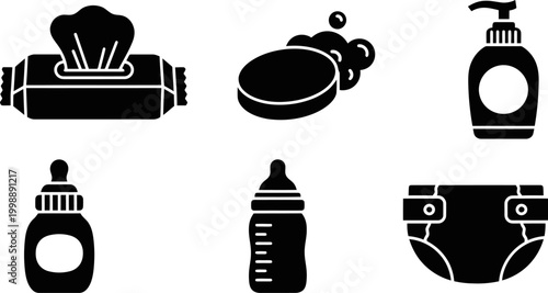Baby Care Icons Set Diapers Bottle Soap Tissue Hygiene Essentials