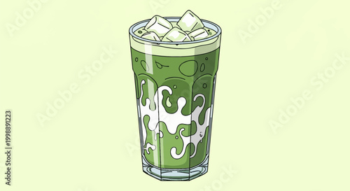 Illustration of an iced matcha green tea latte in a tall faceted glass with white creamy milk swirls and square ice cubes on top, isolated on a light green background for menu.