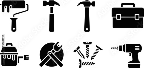 Construction Tools Icon Set Hammer Drill Paint Roller Toolbox Silhouettes