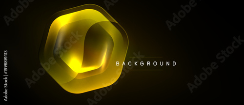 Abstract golden hexagon layers over black background. Gradient lighting creates depth, modern design element. Minimalist aesthetic.